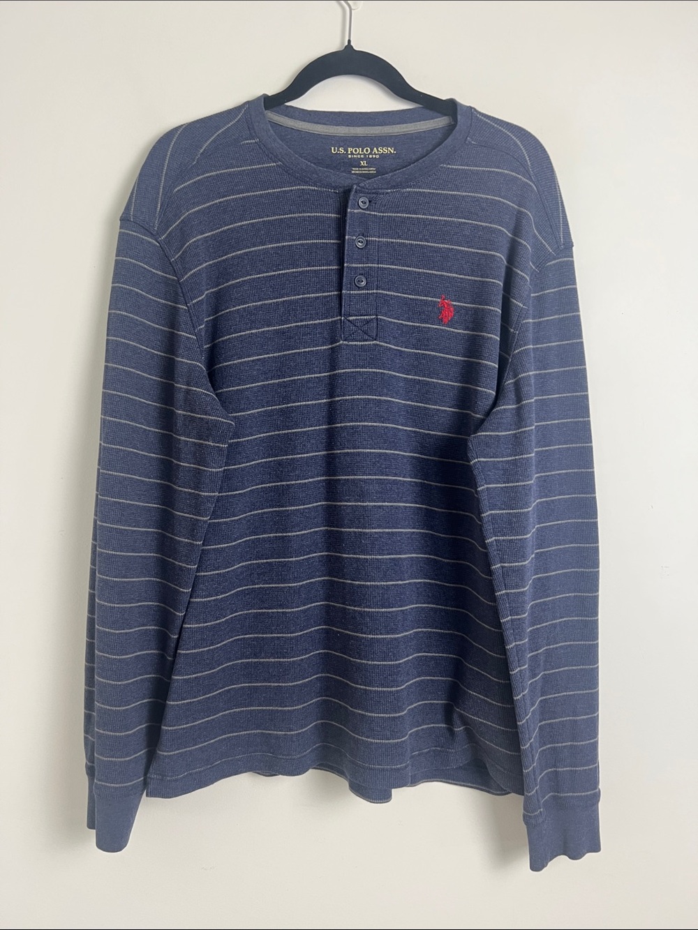 U.S. Polo Assn. Men's XL Blue Cotton Henley Long Sleeve Shirt Red Polo Logo